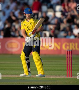 Northampton 26. Mai: Alex Lees von Durham Cricket während des Vitality T20 Blast Match zwischen Northamptonshire Steelbacks und Durham Cricket am County Ground Northampton am 26. Mai 2023 Northampton England. Kredit: PATRICK ANTHONISZ/Alamy Live News Stockfoto