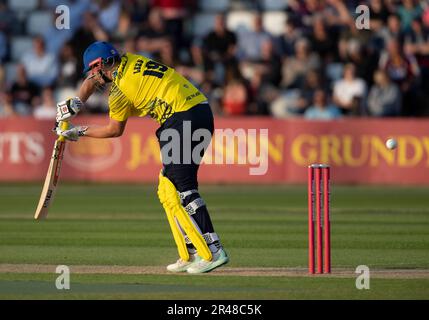 Northampton 26. Mai: Alex Lees von Durham Cricket während des Vitality T20 Blast Match zwischen Northamptonshire Steelbacks und Durham Cricket am County Ground Northampton am 26. Mai 2023 Northampton England. Kredit: PATRICK ANTHONISZ/Alamy Live News Stockfoto