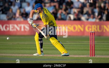 Northampton 26. Mai: Alex Lees von Durham Cricket während des Vitality T20 Blast Match zwischen Northamptonshire Steelbacks und Durham Cricket am County Ground Northampton am 26. Mai 2023 Northampton England. Kredit: PATRICK ANTHONISZ/Alamy Live News Stockfoto