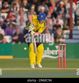 Northampton 26. Mai: Alex Lees von Durham Cricket während des Vitality T20 Blast Match zwischen Northamptonshire Steelbacks und Durham Cricket am County Ground Northampton am 26. Mai 2023 Northampton England. Kredit: PATRICK ANTHONISZ/Alamy Live News Stockfoto