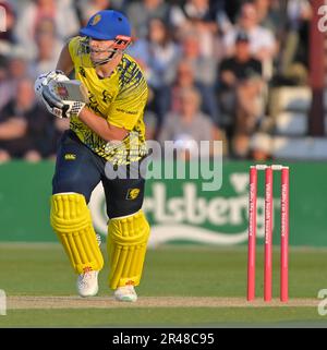 Northampton 26. Mai: Alex Lees von Durham Cricket während des Vitality T20 Blast Match zwischen Northamptonshire Steelbacks und Durham Cricket am County Ground Northampton am 26. Mai 2023 Northampton England. Kredit: PATRICK ANTHONISZ/Alamy Live News Stockfoto