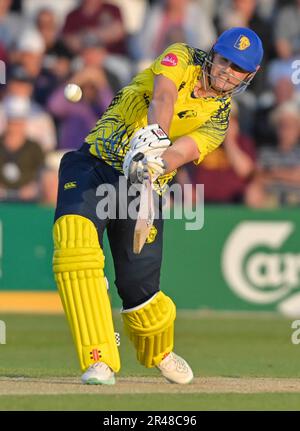 Northampton 26. Mai: Alex Lees von Durham Cricket während des Vitality T20 Blast Match zwischen Northamptonshire Steelbacks und Durham Cricket am County Ground Northampton am 26. Mai 2023 Northampton England. Kredit: PATRICK ANTHONISZ/Alamy Live News Stockfoto