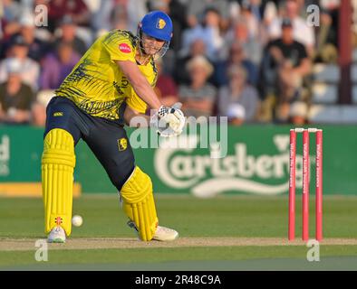 Northampton 26. Mai: Alex Lees von Durham Cricket während des Vitality T20 Blast Match zwischen Northamptonshire Steelbacks und Durham Cricket am County Ground Northampton am 26. Mai 2023 Northampton England. Kredit: PATRICK ANTHONISZ/Alamy Live News Stockfoto