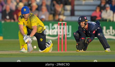 Northampton 26. Mai: Alex Lees von Durham Cricket während des Vitality T20 Blast Match zwischen Northamptonshire Steelbacks und Durham Cricket am County Ground Northampton am 26. Mai 2023 Northampton England. Kredit: PATRICK ANTHONISZ/Alamy Live News Stockfoto