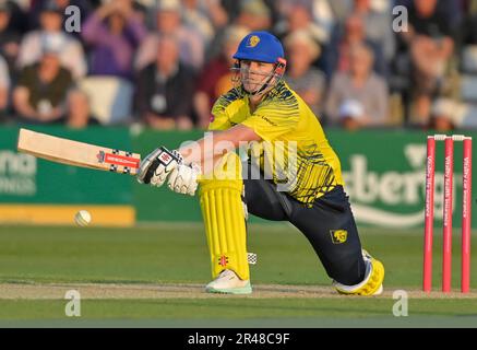 Northampton 26. Mai: Alex Lees von Durham Cricket während des Vitality T20 Blast Match zwischen Northamptonshire Steelbacks und Durham Cricket am County Ground Northampton am 26. Mai 2023 Northampton England. Kredit: PATRICK ANTHONISZ/Alamy Live News Stockfoto