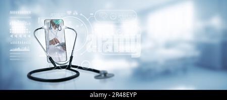 Telemedizinkonzept. Ein Smartphone mit Stethoskop ist mit einem Online-Videoanruf von einem Arzt mit einer VR-Schnittstelle für die medizinische Beratung an Stockfoto
