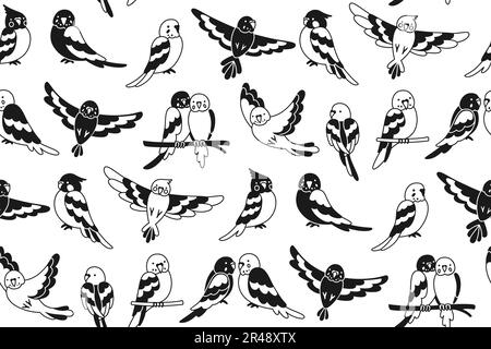 Fliegender Papagei tropisches Nahtmuster. Exotische schwarze und weiße Vögel wiederholen den Zierhintergrund. Sommer helles, lustiges Glyphe Design Papageien Tapete Stoff, endlose Verpackung, grenzenlos trendy Vektor Stock Vektor