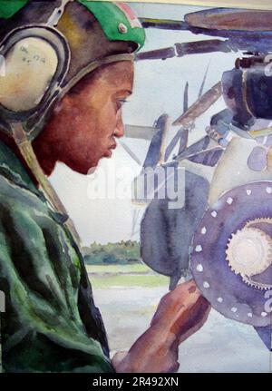 US Navy eines der Aquarellgemälde von Navy Artist Commander. Monica Allen, USA Marine-Reservate eines Matrosen, der vor dem Flug Kontrollen an einem Hubschrauber im Mittelmeer-Einsatzgebiet durchführt Stockfoto