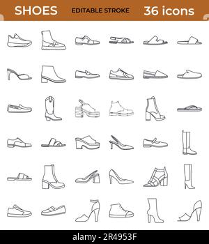 Großes Set isolierter Schuhe für Damen. Vektorliniensymbole. Stock Vektor