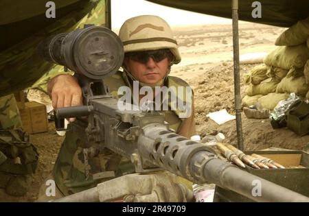 US Navy Equipment Operator Dave Johnston, dem Naval Mobile Construction Battalion One Thirty Three (NMCB-133) zugeteilt, besetzt ein Browning M2,50 Kaliber Maschinengewehr am Saddam Canal, Irak Stockfoto