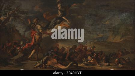 Die Gründung von Theben, 1661. Die Göttin Pallas Athena befiehlt Cadmus, dem Drachen die Zähne zu säen; eine Armee von Kriegern tritt aus dem Boden auf. Stockfoto