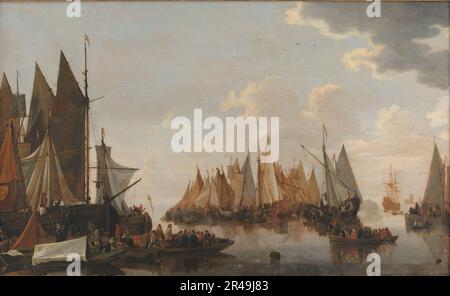 Einschiffung von Truppen auf einem niederländischen Fluss, 1652-1683. Stockfoto