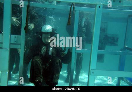 US Navy Ein Student, der am Aviation Water Survival Kurs teilnimmt, bereitet sich darauf vor, durch eine Kammer zu schwimmen, die das Innere eines Flugzeugs simuliert Stockfoto