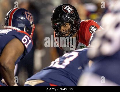 Ottawa, Kanada. 26. Mai 2023 Nelson Mbanasor (91) der Ottawa Redblacks im Vorjahresspiel der Canadian Football League zwischen den Ottawa Redblacks und den besuchenden Montreal Alouettes. Die Alouettes gewannen das Spiel 22:21. Copyright 2023 Sean Burges / Mundo Sport Images / Alamy Live News Stockfoto