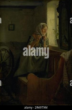 Eine alte Bauernfrau, die aus dem Fenster schaut, 1874. Stockfoto