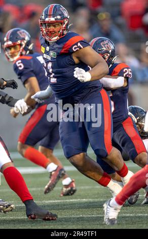 Ottawa, Kanada. 26. Mai 2023 Jamar McGloster (61) der Montreal Alouettes im Vorjahresspiel der Canadian Football League zwischen den Ottawa Redblacks und den besuchenden Montreal Alouettes. Die Alouettes gewannen das Spiel 22:21. Copyright 2023 Sean Burges / Mundo Sport Images / Alamy Live News Stockfoto