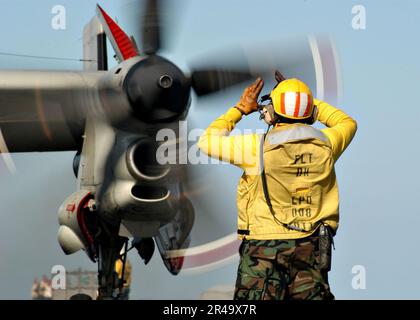 US Navy Aviation Boatswain's Mate 1. Class leitet eine E-2C Hawkeye Stockfoto
