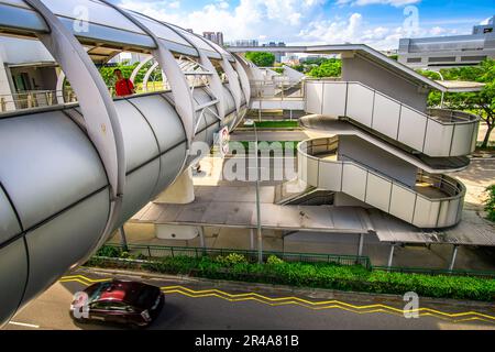 Die Brücke über dem Stadium Drive und dem Nicoll Highway im Singapore Sports Hub. Stockfoto