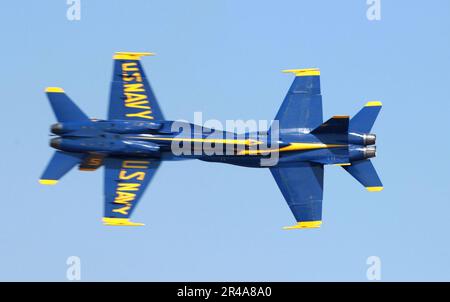 US Navy die führenden und gegnerischen Alleinpiloten, die den USA zugeteilt wurden Das Team der Navy, die Blue Angels, führt den Gegenstück-Knife-Edge Pass durch Stockfoto