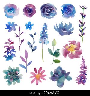 Ein Satz handgefertigter Aquarellblumen auf einem isolierten Hintergrund. Rosen, Lavendel, Maisblüten, Pfingstrosen, Sukkulenten, Lupinen. Hochzeit. Bannerdesign und Stockfoto