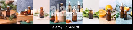 Collage natürlicher ätherischer Ole in Flaschen Stockfoto