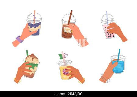 Hände halten Seifenblasen-Teetassen mit Tapiokapperlen Stock Vektor