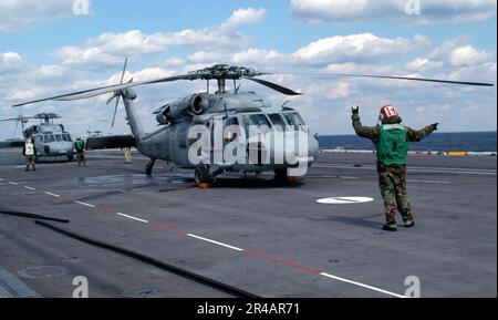 US Navy Aviation Maintenance Administrationman Airman leitet die Besatzung eines MH-60s Seahawk, der dem Chargers of Helicopter Combat Support Squadron Six (HC-6) zugeteilt ist. Stockfoto