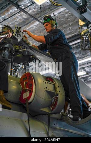 SINGAPUR (7. März 2023) Aviation Machinist's Mate 1. Klasse Alexander Rauchfuss, zugewiesen zum Helicopter Maritime Strike Squadron (HSM) 35, aus Denver, deinstalliert während der Wartung in der Hangarbucht an Bord des Kampfschiffs USS Oakland (LCS 24) der Klasse Independence ein Rotorblatt von einem MH-60R SeaHawk, das an HSM 35 befestigt ist. At in Singapur, 7. März 2023. Oakland, Teil der Destroyer-Staffel 7, ist im Rotationseinsatz im US-Flottengebiet 7. tätig, um die Interoperabilität mit Alliierten und Partnern zu verbessern und als einsatzbereite Einsatztruppe zur Unterstützung eines freien und zu dienen Stockfoto