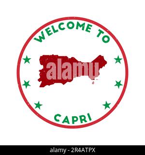 Willkommen bei Capri Stamp. Runder Grunge Island Stempel mit Textur im Farbmotiv Green Revolution. Geometrische Capri-Dichtung im Vintage-Stil. Stock Vektor