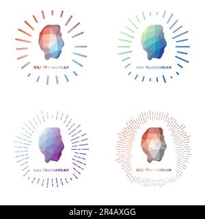 Gili Trawangan Low Poly Sunburst Set. Logo der Insel im geometrischen Polygonstil. Vektordarstellung. Stock Vektor