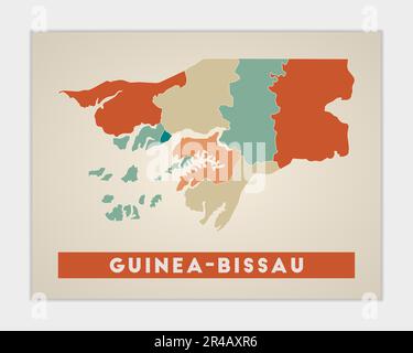 Guinea-Bissau-Poster. Landkarte mit bunten Regionen. Form Guinea-Bissaus mit Ländernamen. Fantastische Vektordarstellung. Stock Vektor