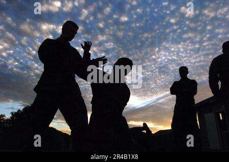 US Navy USA Soldaten, die dem 1-501. Fallschirm-Artillerie-Regiment zugeteilt sind, demonstrieren moderne Kampftechniken der Armee. Stockfoto