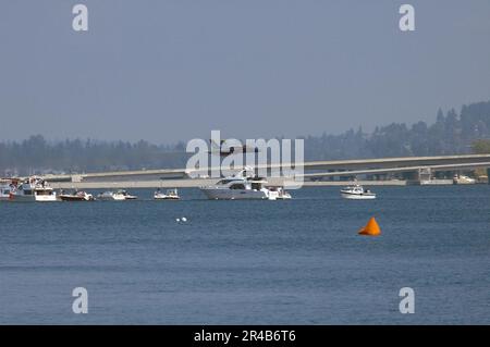 DIE US Navy leitet den Solo-Piloten, der den USA zugeteilt wurde Das Navy-Flugzeug-Demonstrationsteam, die Blue Angels, führt einen Hochgeschwindigkeitsflug über den Lake Washington durch. Stockfoto