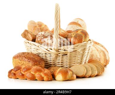 Komposition mit Brot und Brötchen, isoliert auf weiss Stockfoto