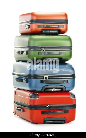 Gepäck, bestehend aus vier Polycarbonat Koffer isoliert auf weißem Stockfoto