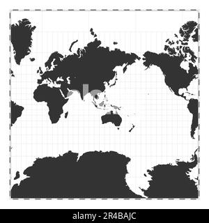 Vector-Weltkarte. Sphärische Mercator-Projektion. Geografische Karte mit Breiten- und Längengraden. Zentriert auf 120deg W Längengrad. Vecto Stock Vektor