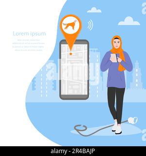 Vektordarstellung Moslem Female verwendet eine Anwendung auf dem Handy, um den verlorenen Hund mit dem GPS-Tracker zu durchsuchen. Das Telefon mit Stadtplan zeigt die Bewegungen des Haustiers Stock Vektor