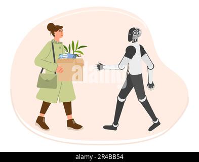 Das Mädchen kommt mit Box zur Arbeit. Roboter trifft sich, streckt ihre Hand zur Begrüßung aus. Personalbeschaffung. Zusammenarbeit, gemeinsame Arbeit. Bürokonzept. Stellen Sie bei ein Stock Vektor