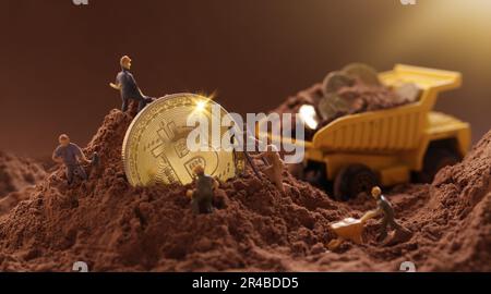 Miner gräbt Boden, um Big Gold Bitcoin zu entdecken. Kryptowährung Bitcoin Mining-Konzept Stockfoto