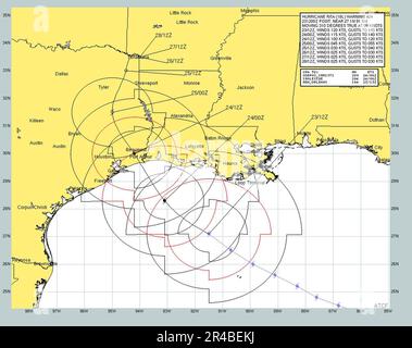 US Navy Aktuelle Prognose projiziert Pfad und windgeschwindigkeit des Hurricane Rita von September 23 bis September 28. Rita, ein gefährlicher Hurrikan der Kategorie drei auf der Saffir-Simpson Hurricane-Skala. Stockfoto