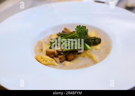 Süddeutsche Küche, hausgemachte Pasta mit getrockneten Porcini-Pilzen und Taleggio-Schaum, Brokkoli, Gemüse, Hauptgericht, vegetarisch, Gesund, Hofgut Stockfoto