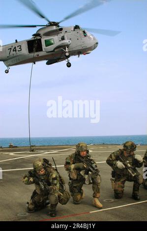 US Navy nach einem schnellen Seilen von einem UH-3H Sea King Hubschrauber zum Flugdeck der USS Mount Whitney (LCC-JCC 20) demonstrieren Seeleute Suchverfahren für Teilnehmer der Joint Civilians Orientation Conference (JCOC). Stockfoto