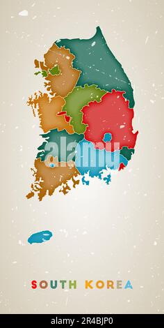 Südkorea-Karte. Länderposter mit farbigen Bereichen. Alte Grunge-Textur. Vektordarstellung Südkoreas mit Ländername. Stock Vektor