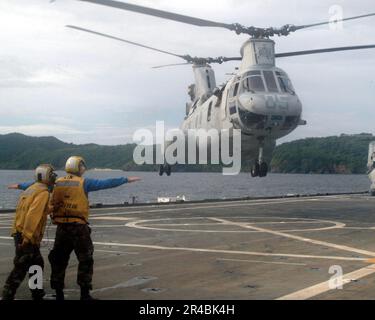 US Navy Ein CH-46E Sea Knight Helikopter, der Marines der Fox Company der 31. Marine Expeditionary Unit (MEU) befördert, startet vom Flugdeck der Amphibien-Transportanlage USS Juneau (LPD 10). Stockfoto