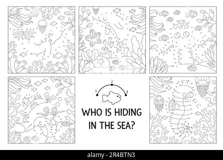 Vektor-Spielmöglichkeiten mit Punkt-zu-Punkt- und Farbenspiel mit süßen Wassertieren, die in der Landschaft versteckt sind. Unter dem Meer verbinden Sie die Dots Spielesammlung für Kinder. Ocea Stock Vektor