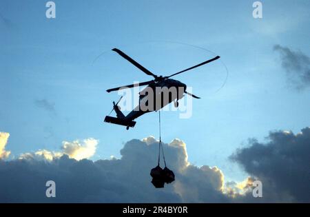 US Navy ein MH-60s Seahawk Helikopter liefert Lieferungen vom Militärschiff USNS Niagarafälle (T-AFS 3) des Sealift Command (MSC). Stockfoto