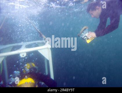 US Navy USA Der Navy-Journalist der 2. Klasse, der der Combat Camera Group Pacific zugewiesen ist, dokumentiert zwei Taucher, die während einer Reihe von Tauchgängen ins Wasser abgesenkt werden. Stockfoto