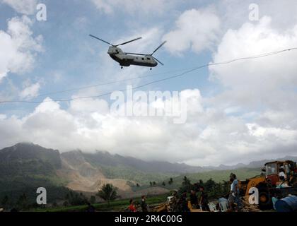 US Navy Ein der „Flying Tigers“ des Marine Medium Helicopter Squadron Two Six Two (HMM-262) Zugeteilter Seekrieger CH-46E fliegt zu einem Landebereich, um Personal und Vorräte zu entladen. Stockfoto