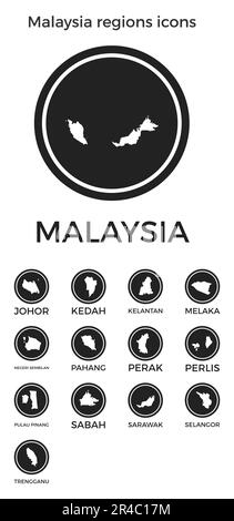 Symbole für Regionen in Malaysia. Schwarze runde Logos mit Karten und Titeln der jeweiligen Region. Vektordarstellung. Stock Vektor