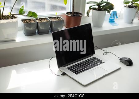 Gestaltung des Arbeitsplatzes mit Laptop und einer Tasse Kaffee im Home Office Stockfoto